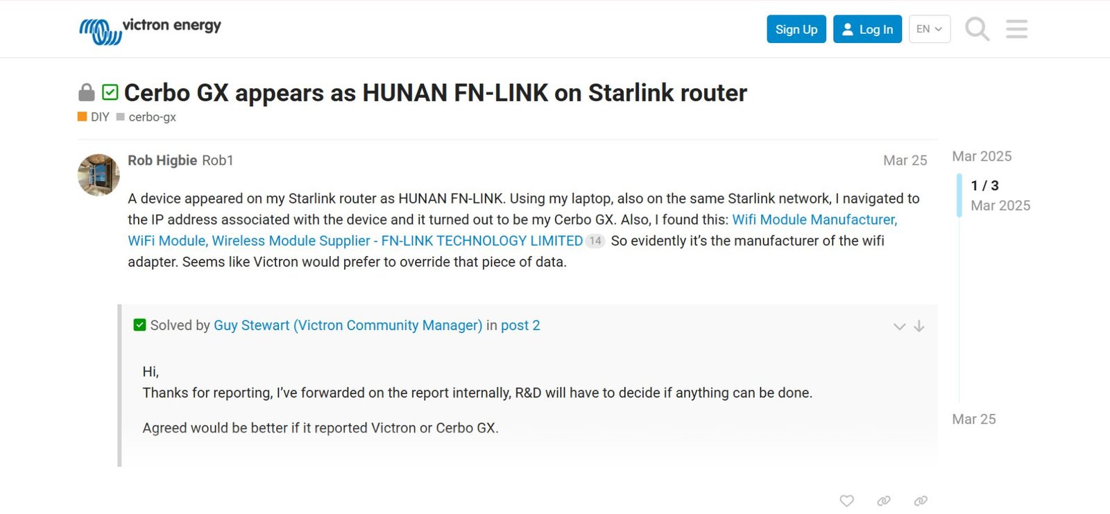 Cerbo GX appears as HUNAN FN-LINK on Starlink router